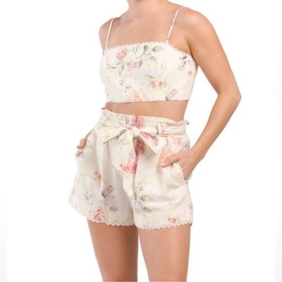 Caroline Constas Pastel Linen Crop Two Piece Floral Feminine Set size Medium - Picture 7 of 17